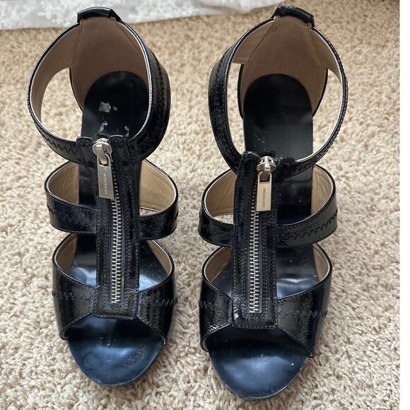 Michael Kors Black Patent Leather Zipper Open Toe Platform Heels Womens Size 8 - Picture 2 of 9